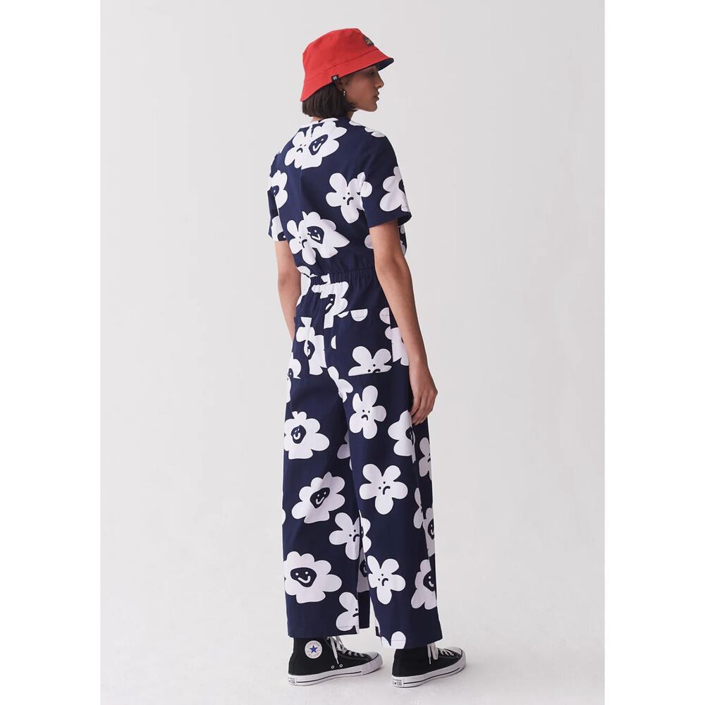 NWT Lazy Oaf Pushing Daisies Floral Smiley Sad Face Wide Leg Jumpsuit Size UK 6 - Picture 2 of 7